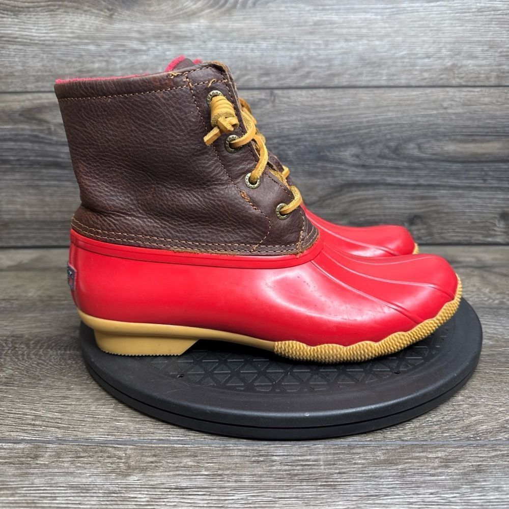 Sperry Top-Sider Saltwater Rain Boots Leather Rubber Women's Size 7.5 Red Brown
